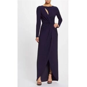 NWT Dress the Population Naomi Long Sleeve Twist Crepe Gown Sz XXS Boysenberry